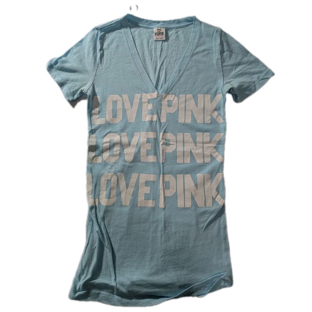 Victoria's Secret PINK Y2K Vintage Dog Love Pink Tee XS Blue V-Neck‎ Graphic